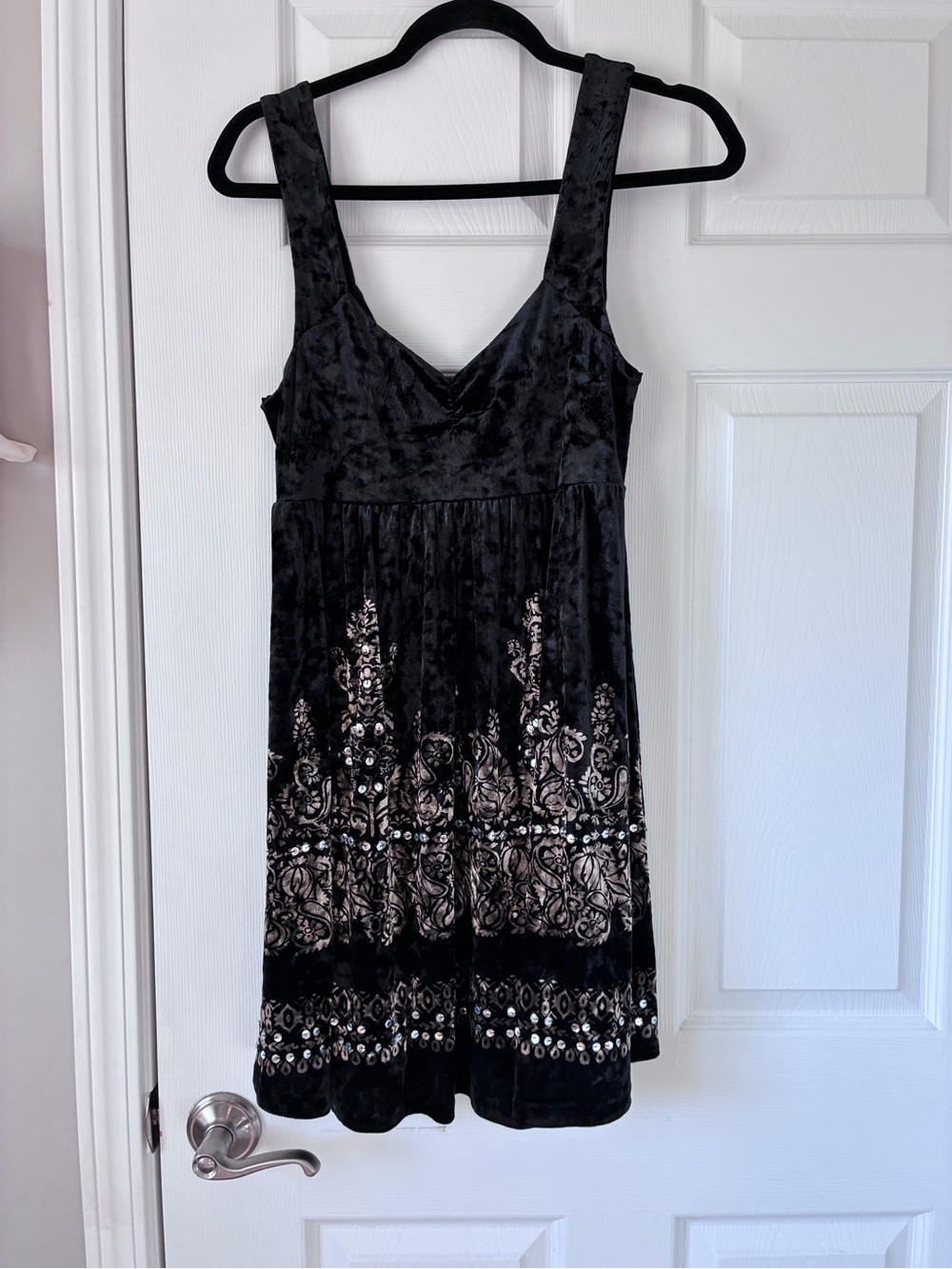 Free People Black Velvet Mini Dress with Metallic Floral Border
